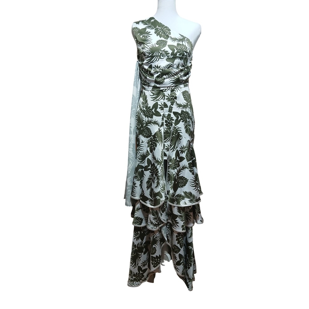 Tropical Palm Print One Shoulder Tiered Ruffle Maxi Dress Green White Sash